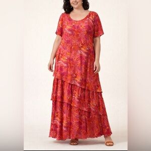Phool 1X Full Length Tiered Rayon Dress Pink Orange Floral